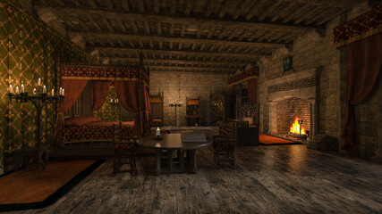 Fototapeta na wymiar 3D rendering of a medieval bedroom with four poster bed at night