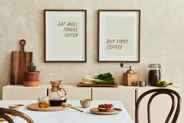 Creative and modern dining room interior design with mock up poster frames, beige sideboard, family dining table and retro inspired personal accessories. Copy space. Template. Autumn vibes.