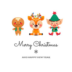 Merry Christmas and Happy New Year greeting card. Cute illustration of a gingerbread man, a deer and an elf isolated on a white background. Vector 10 EPS.