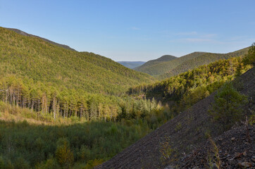 panoramic view of Sikhote Alin mountains from Mopau pass in Khabarovsk krai, Russia