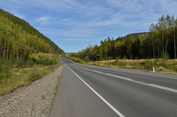 Lidoga - Vanino highway crossing taiga and Sikhote-Alin mountains in Khabarovsky krai, Russia