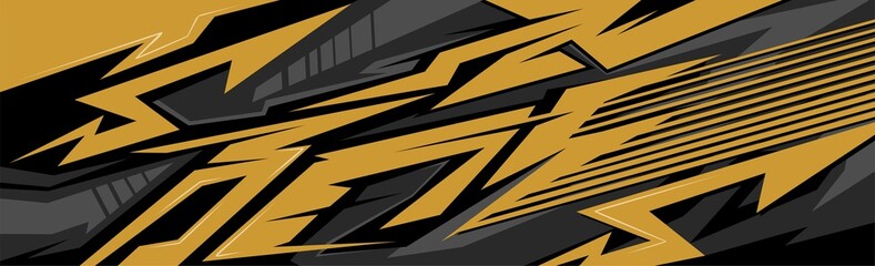 golden and black car decal wrap design vector. Graphic abstract stripe racing background kit designs for vehicle, race car, rally, adventure and livery - obrazy, fototapety, plakaty