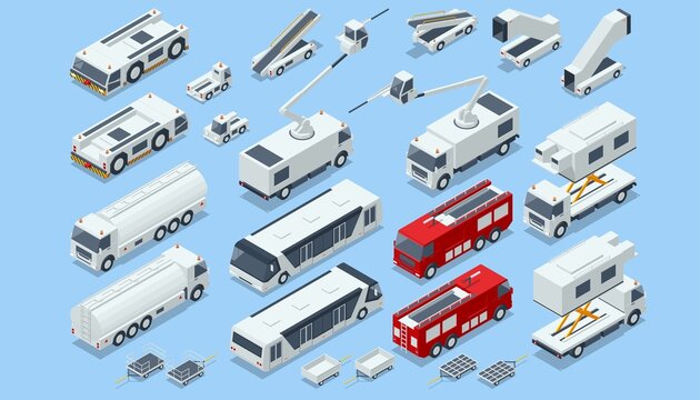 Isometric Service Vehicles, Self-Propelled Ladder,, Aerodrome Tow Tractor, Gasoline, Fire Engine