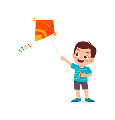 cute little boy play kite outside and feel happy