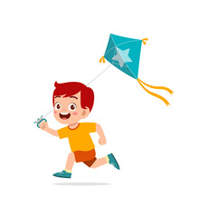 cute little boy play kite outside and feel happy