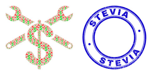 Vector repair price icon composition is formed of randomized recursive repair price parts. Stevia textured blue round seal. Recursive mosaic of repair price icon.