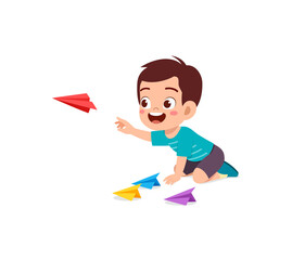 cute little boy play paper plane and feel happy