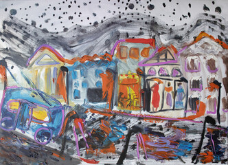 Magic snowfall in old cute town. Winter charm fine art illustration. Picturesque lampposts and funny trolleybus. Decorative oil painting on canvas texture. Sloppy spots of paint.