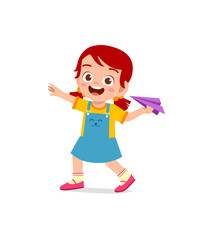 cute little girl play paper plane and feel happy