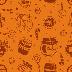 Doodle seamless christmas pattern. Orange sweets, candy, honey mood. A can of bee honey. Vector dried fruits, cookies, lollipops. New Year treats. Cute textile, paper. Square orange holiday print.