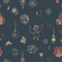 Christmas doodle seamless pattern. Old Christmas tree toys, New Year's mood, festive things. Blue background, wrapping paper. Faded palette. Vector old things pastel color. Hand drawn doodle art.