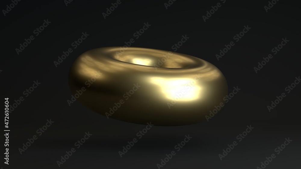 Poster 3d rendering of a geometric figure, ring, torus. a golden object in a dark space with reflections.