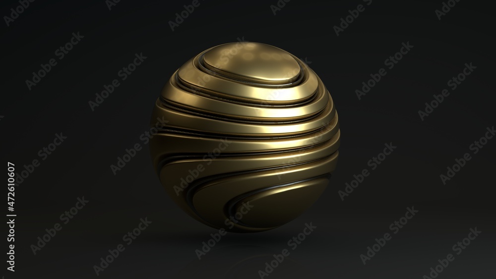 Poster 3d rendering of a golden sphere in a dark space. a sphere with a wavy surface and convolutions, with