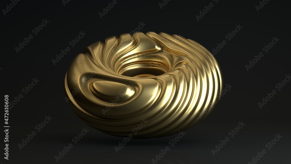 Poster 3d rendering of a geometric figure, ring, torus. a golden object with curves, waves on the surface, 