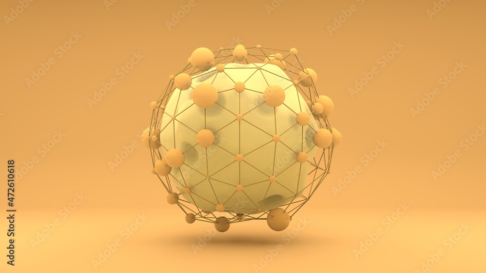 Poster 3d rendering of an abstract yellow sphere inside a spherical grid, crystal lattice. abstract 3d illu