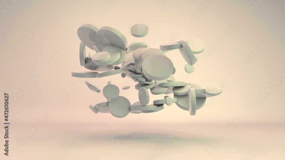 Poster 3d rendering of an array of tablets, cylinders of low height. a cloud of randomly arranged geometric
