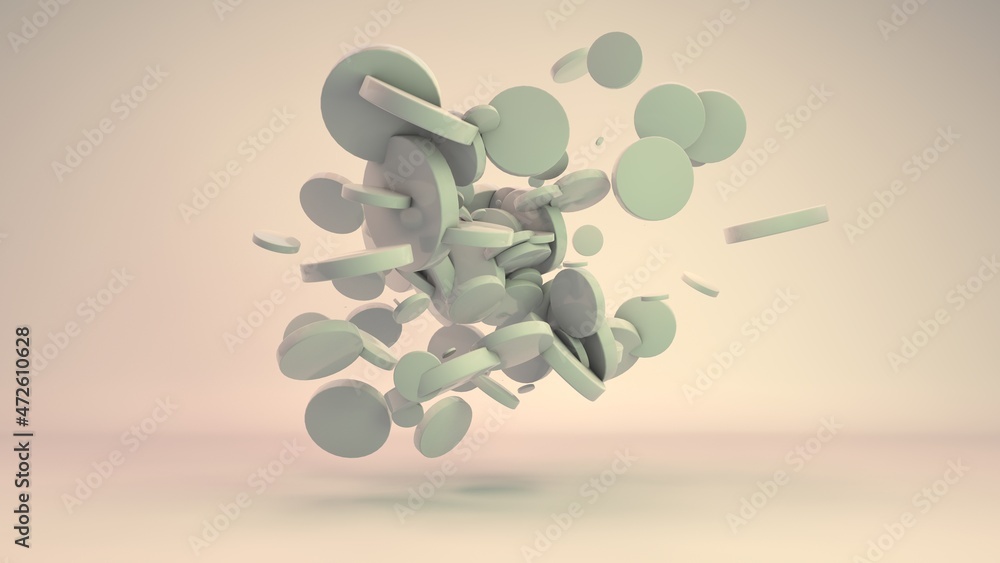 Poster 3d rendering of an array of tablets, cylinders of low height. a cloud of randomly arranged geometric