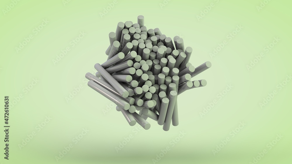 Poster 3d rendering of an array of long cylinders, sticks. a cloud of randomly arranged geometric objects. 