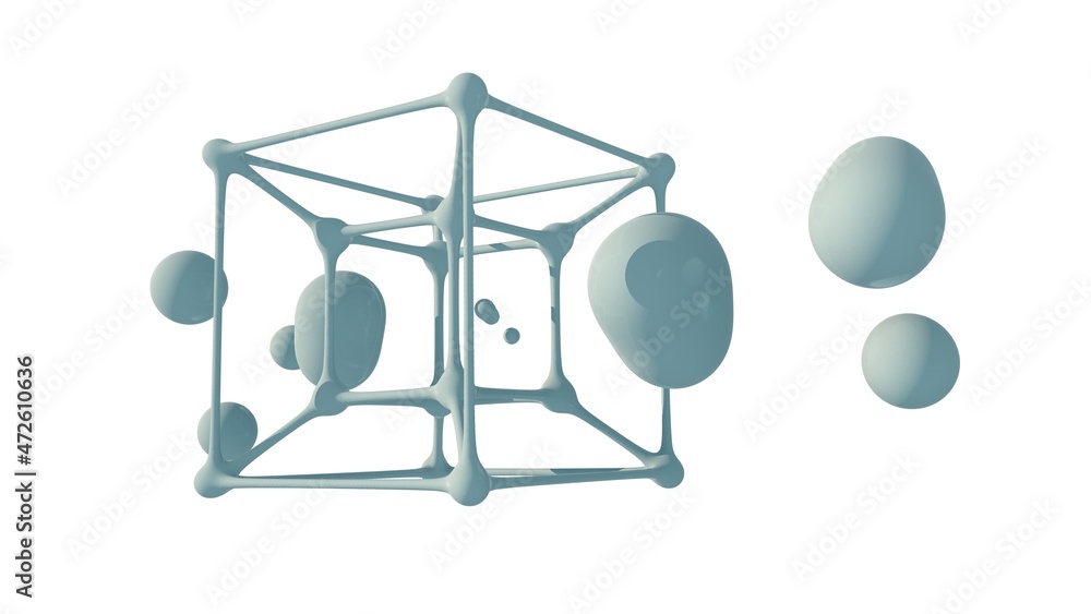 Poster 3d rendering of a hypercube with droplets flying through the center. the tesseract is blue, isolated