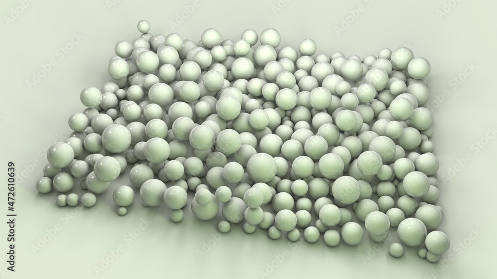 Poster 3d rendering of a variety of green spheres of different sizes on the surface. the spheres are arrang