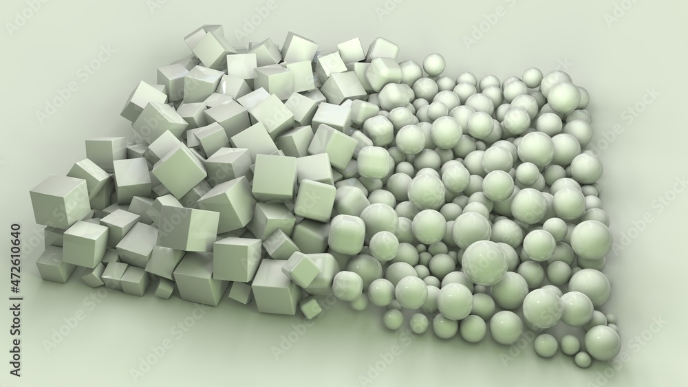 Poster 3d rendering of a variety of green cubes and spheres of different sizes on the surface. the objects 