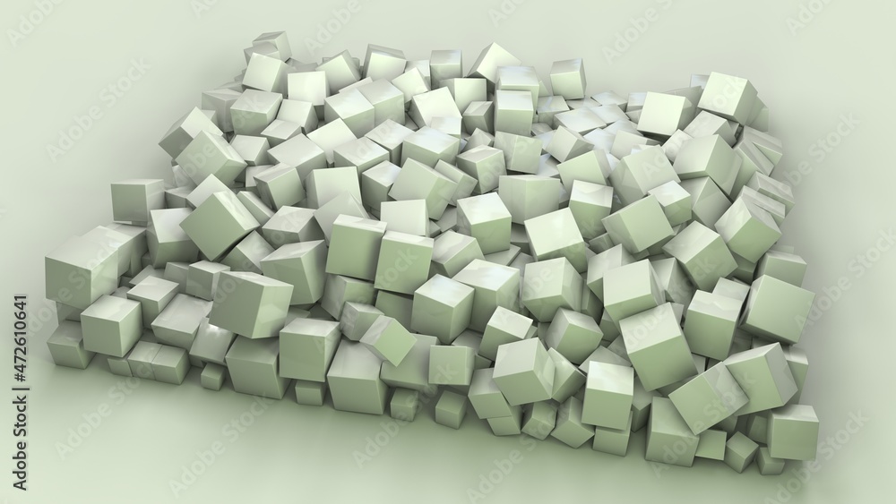 Poster 3d rendering of a variety of green cubes of different sizes on the surface. cubes are arranged in a 