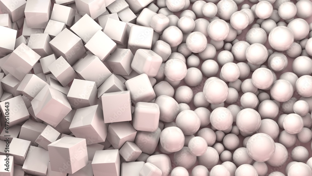 Poster 3d rendering of lots of pink cubes and spheres. background image of a chaotic set of geometric primi