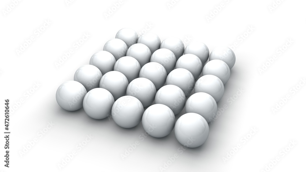 Poster 3d rendering of a set of twenty-five white spheres, evenly spaced on a white surface. a set of perfe