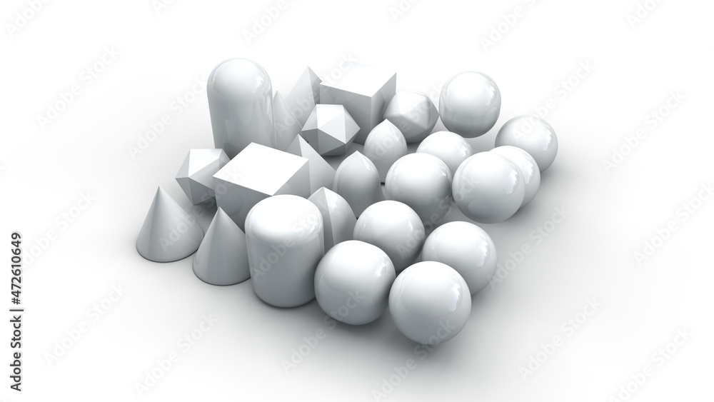 Aufkleber 3d rendering of a set of primitives arranged exactly on a white surface. a set of perfect geometric 