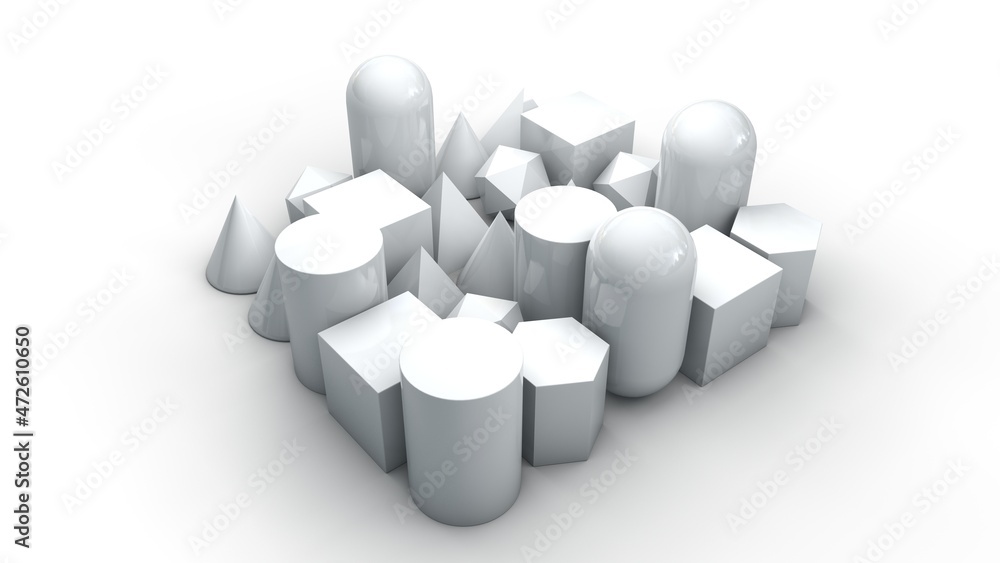 Poster 3d rendering of a set of primitives arranged exactly on a white surface. a set of perfect geometric 