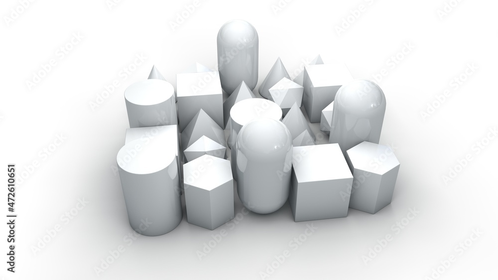 Poster 3d rendering of a set of primitives arranged exactly on a white surface. a set of perfect geometric 