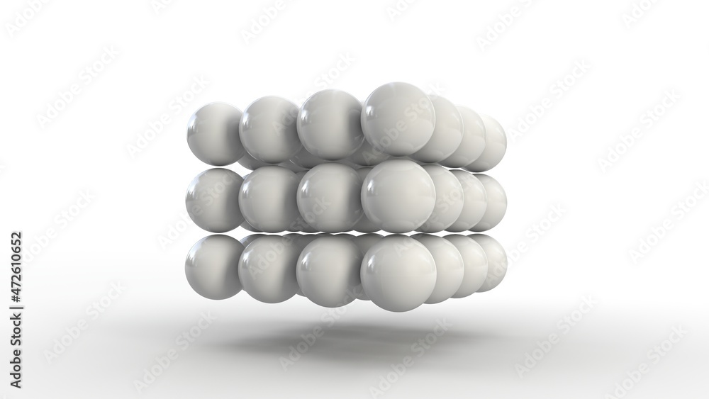 Poster 3d rendering of a set of white spheres in space on a white background. the spheres are the same size