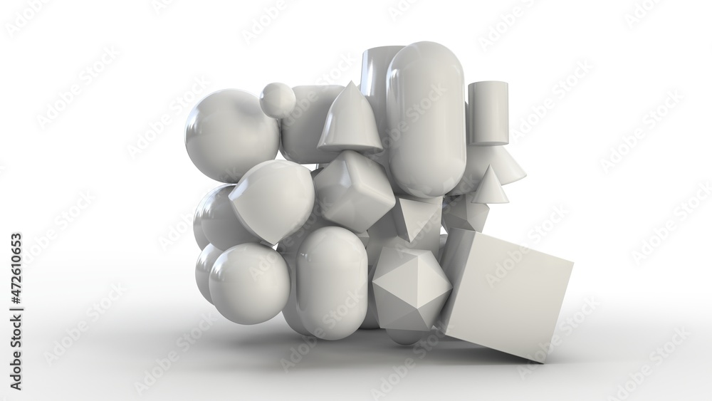 Poster 3d rendering of a set of primitives hanging over a white surface. an array of perfect geometric shap