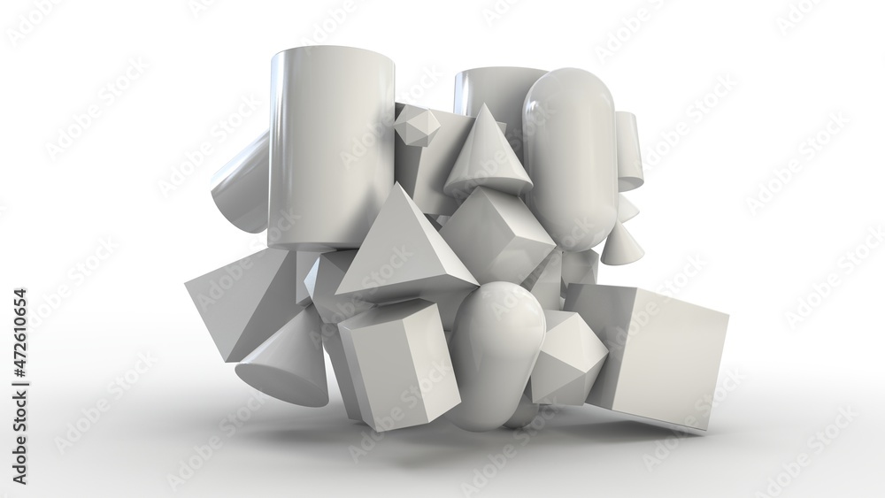 Poster 3d rendering of a set of primitives hanging over a white surface. an array of perfect geometric shap