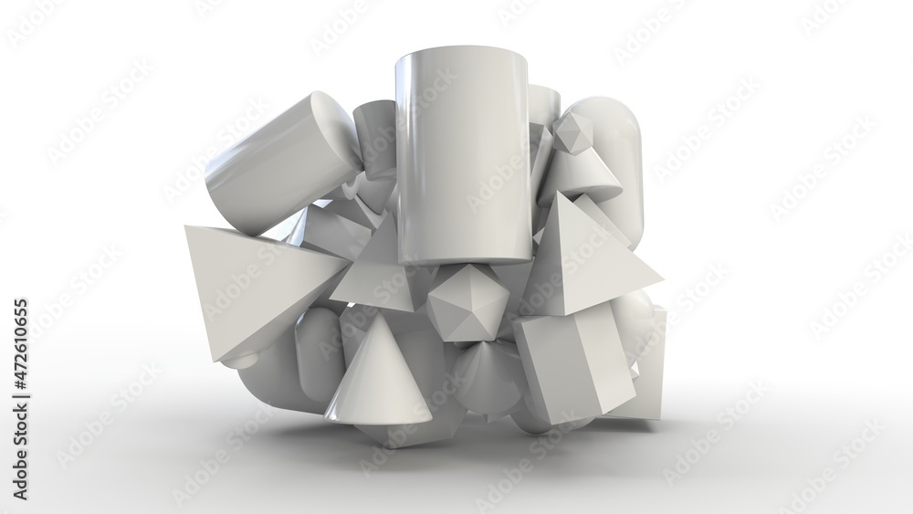 Poster 3d rendering of a set of primitives hanging over a white surface. an array of perfect geometric shap