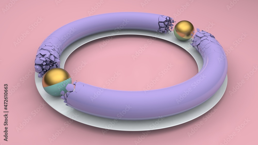 Poster 3d rendering of a purple ring and two spheres. the spheres break the ring into small fragments. abst