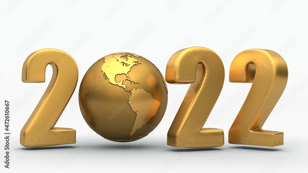 Poster 3d rendering of the golden planet earth and the numbers forming the date 2022. new year's compositio