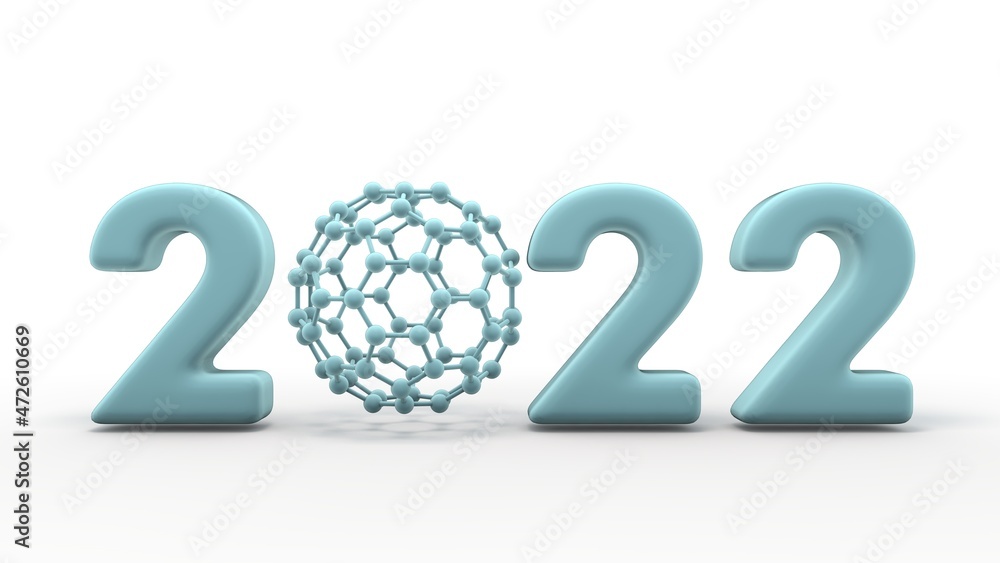 Poster 3d rendering of graphene molecules and numbers forming the date of the new year 2022. the idea of na