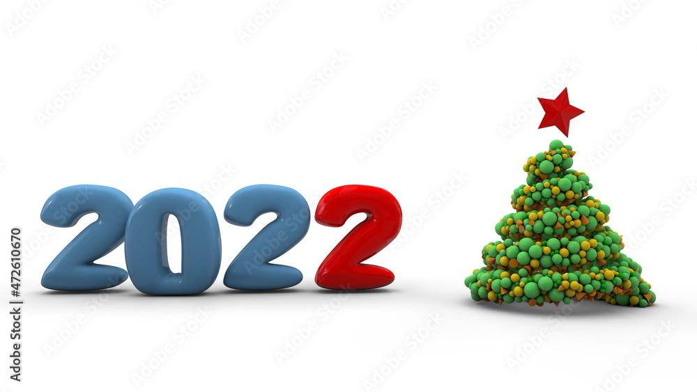 Poster 3d rendering of the date of the 2022 new year and a christmas tree made of balloons. colorful number