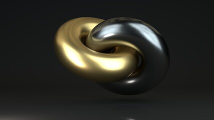 3d rendering of two metal rings, a golden and an iron torus, in conjunction with each other. The union of opposites, the union of wealth and strength.