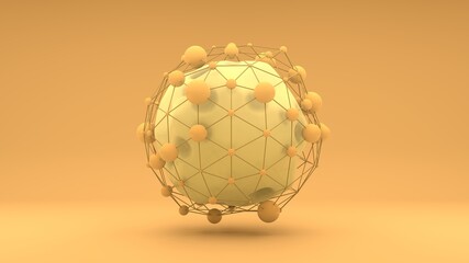 3d rendering of an abstract yellow sphere inside a spherical grid, crystal lattice. Abstract 3d illustration for futuristic compositions, screensavers, desktop wallpapers.
