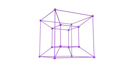 3d rendering of a hypercube. The tesseract is purple, isolated on a white background. 3d model of a hypercube symbolizing the fifth dimension. Futuristic object.