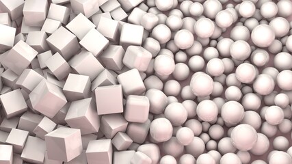 3d rendering of lots of pink cubes and spheres. Background image of a chaotic set of geometric primitives. 3d illustration for desktop, screensavers.