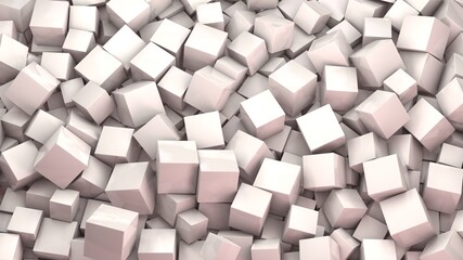 3d rendering of many pink cubes. Background image of a chaotic set of geometric shapes. 3d illustration for desktop, screensavers.