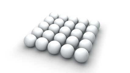 3d rendering of a set of twenty-five white spheres, evenly spaced on a white surface. A set of perfect geometric shapes.