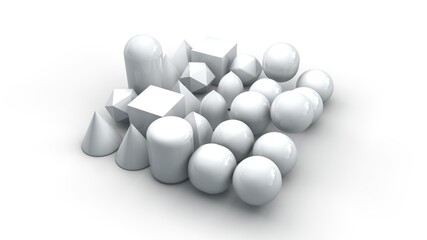 3d rendering of a set of primitives arranged exactly on a white surface. A set of perfect geometric shapes. Cubes, spheres, pyramids and other primitives.