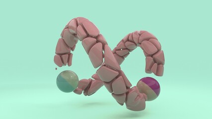 3d rendering of a pink loop, a figure of eight of many fused pebbles and two spheres.  3d abstraction for background images.