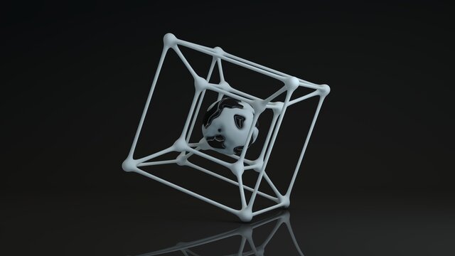 3d rendering of a hypercube. A tesseract above a reflective surface, a 3D model of a hypercube symbolizing the fifth dimension. Futuristic object.