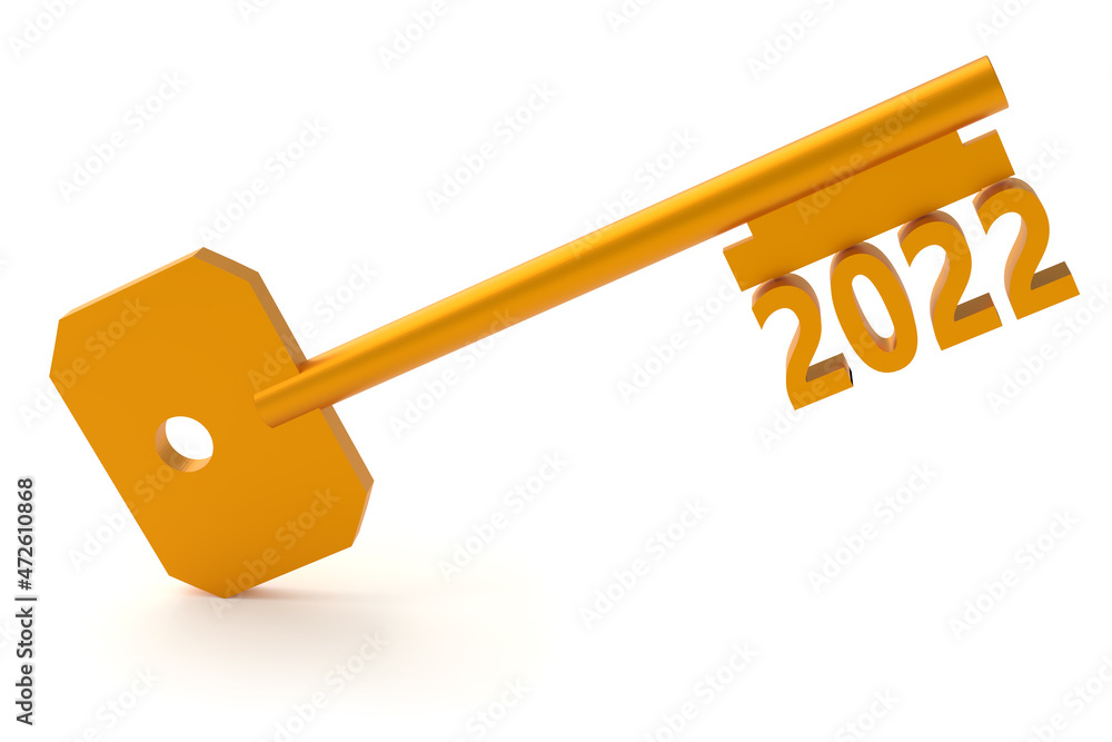 Poster concept key with new year 2022 isolated on white