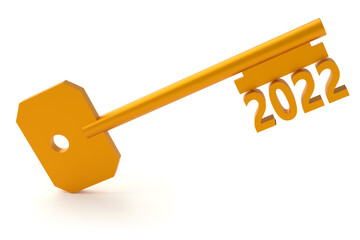 Concept key with new year 2022 isolated on white